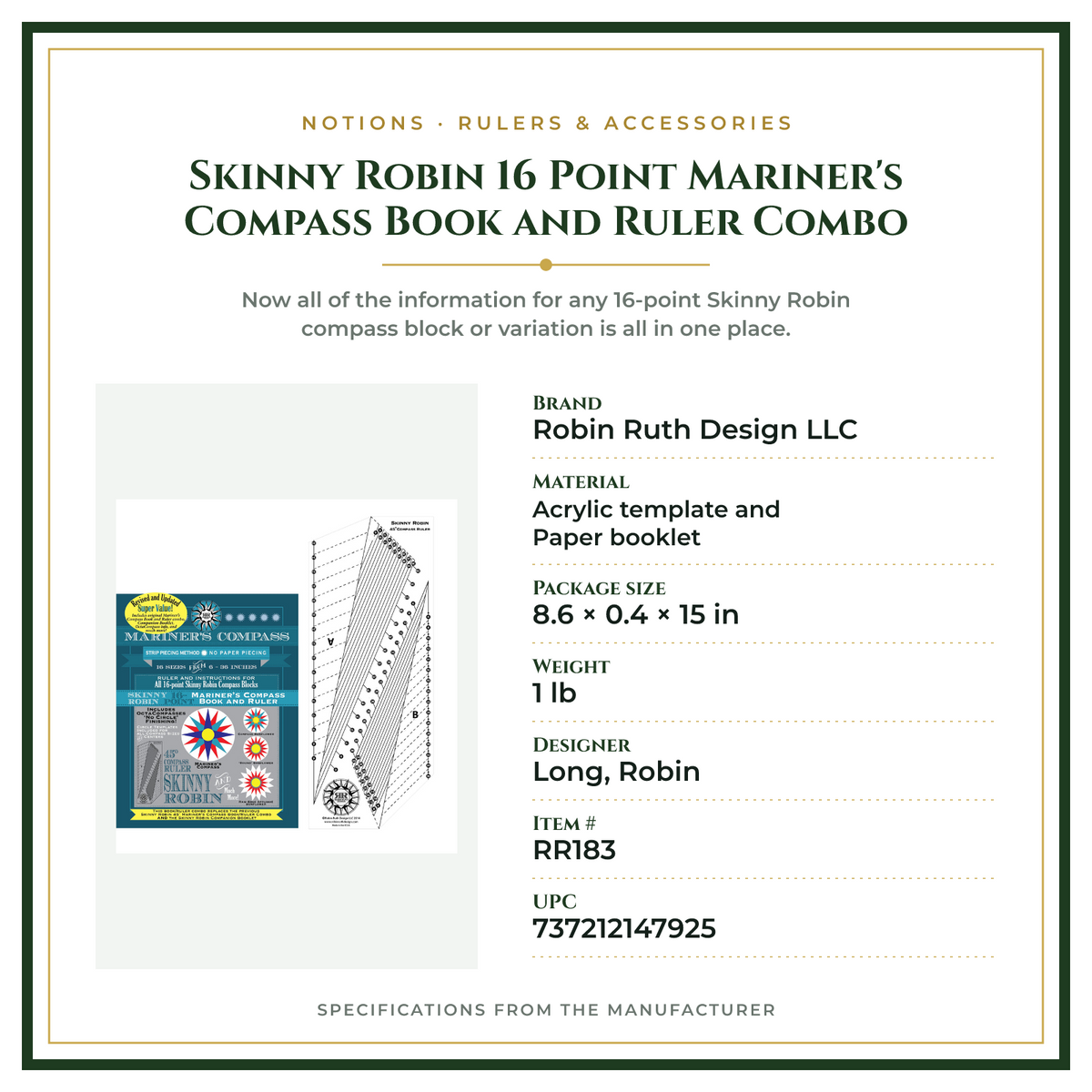 Product Specifications – Skinny Robin 16 Point Mariner's Compass Book and Ruler Combo