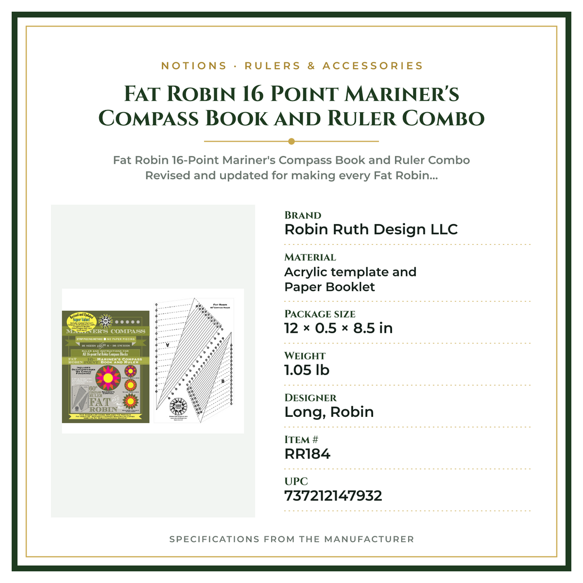 Product Specifications – Fat Robin 16 Point Mariner's Compass Book and Ruler Combo
