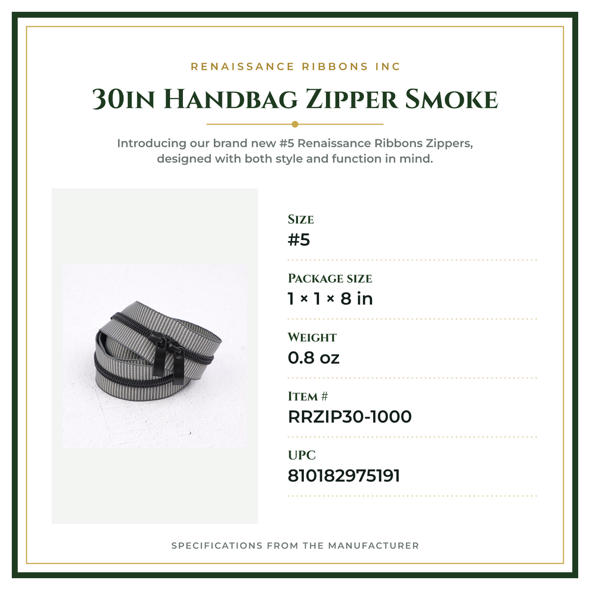 Product Specifications – 30in Handbag Zipper Smoke