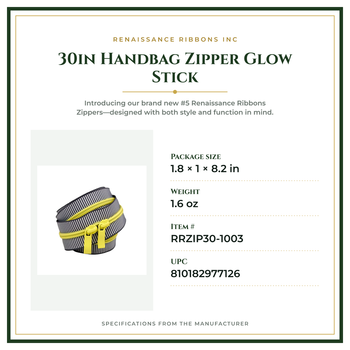 Product Specifications – 30in Handbag Zipper Glow Stick