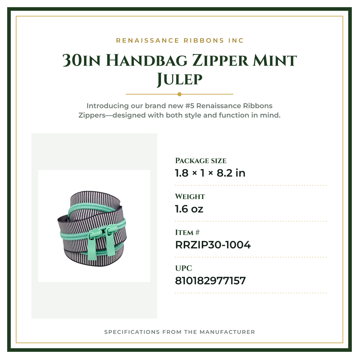 Product Specifications – 30in Handbag Zipper Mint Julep