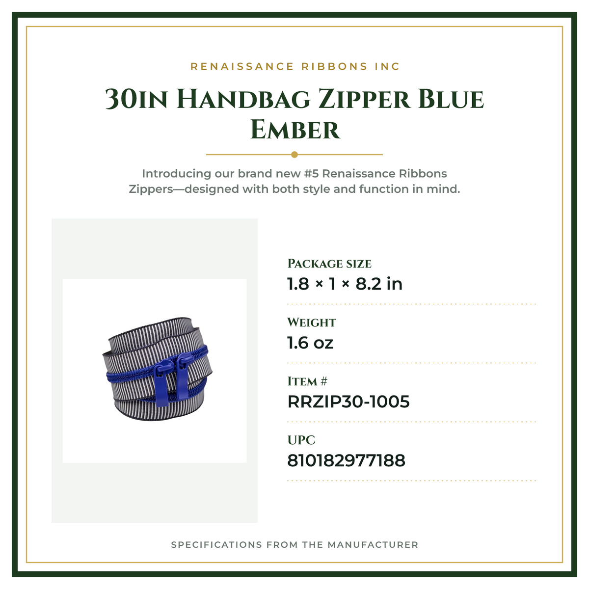 Product Specifications – 30in Handbag Zipper Blue Ember