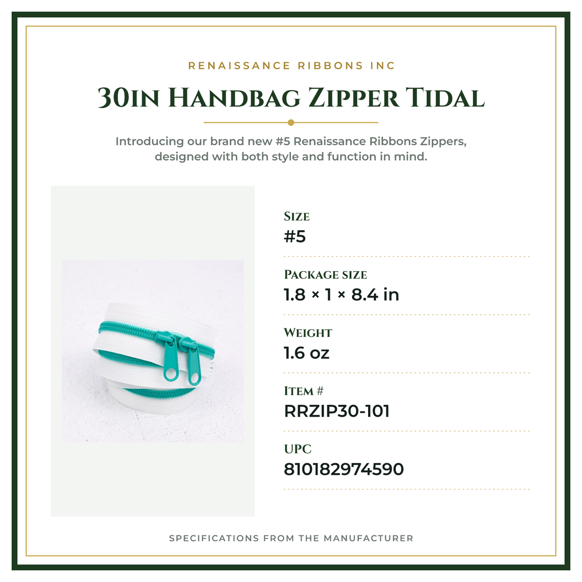 Product Specifications – 30in Handbag Zipper Tidal
