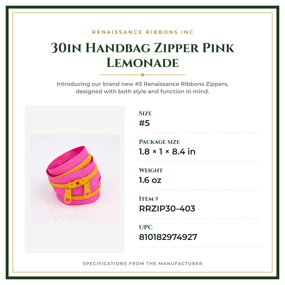 Product Specifications – 30in Handbag Zipper Pink Lemonade