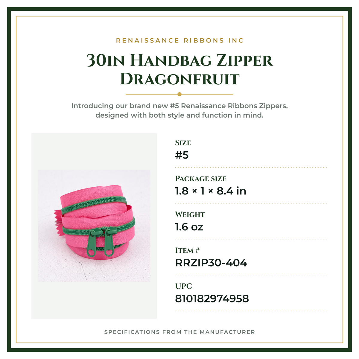 Product Specifications – 30in Handbag Zipper Dragonfruit