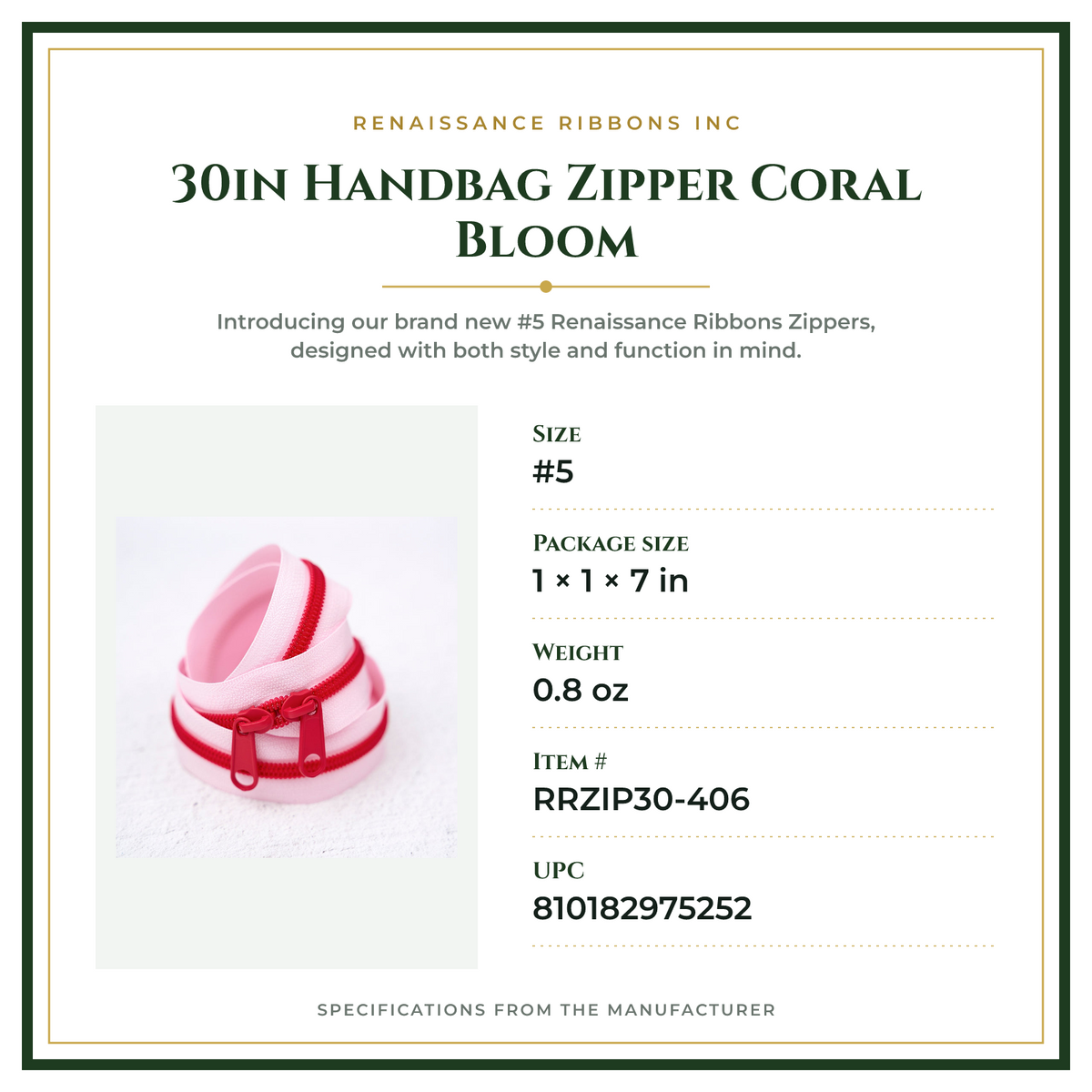 Product Specifications – 30in Handbag Zipper Coral Bloom