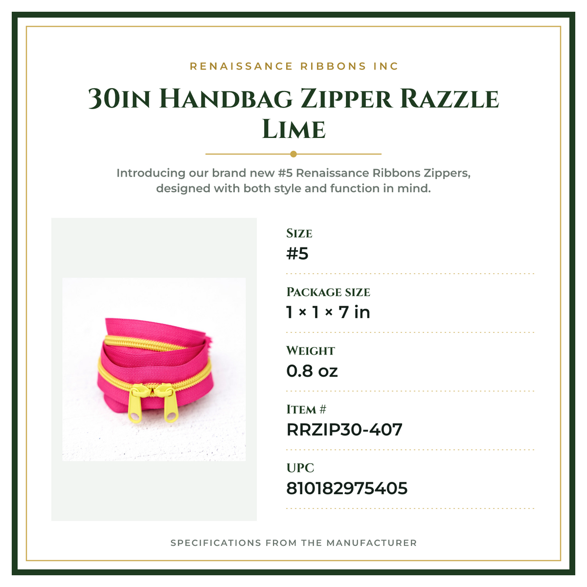 Product Specifications – 30in Handbag Zipper Razzle Lime