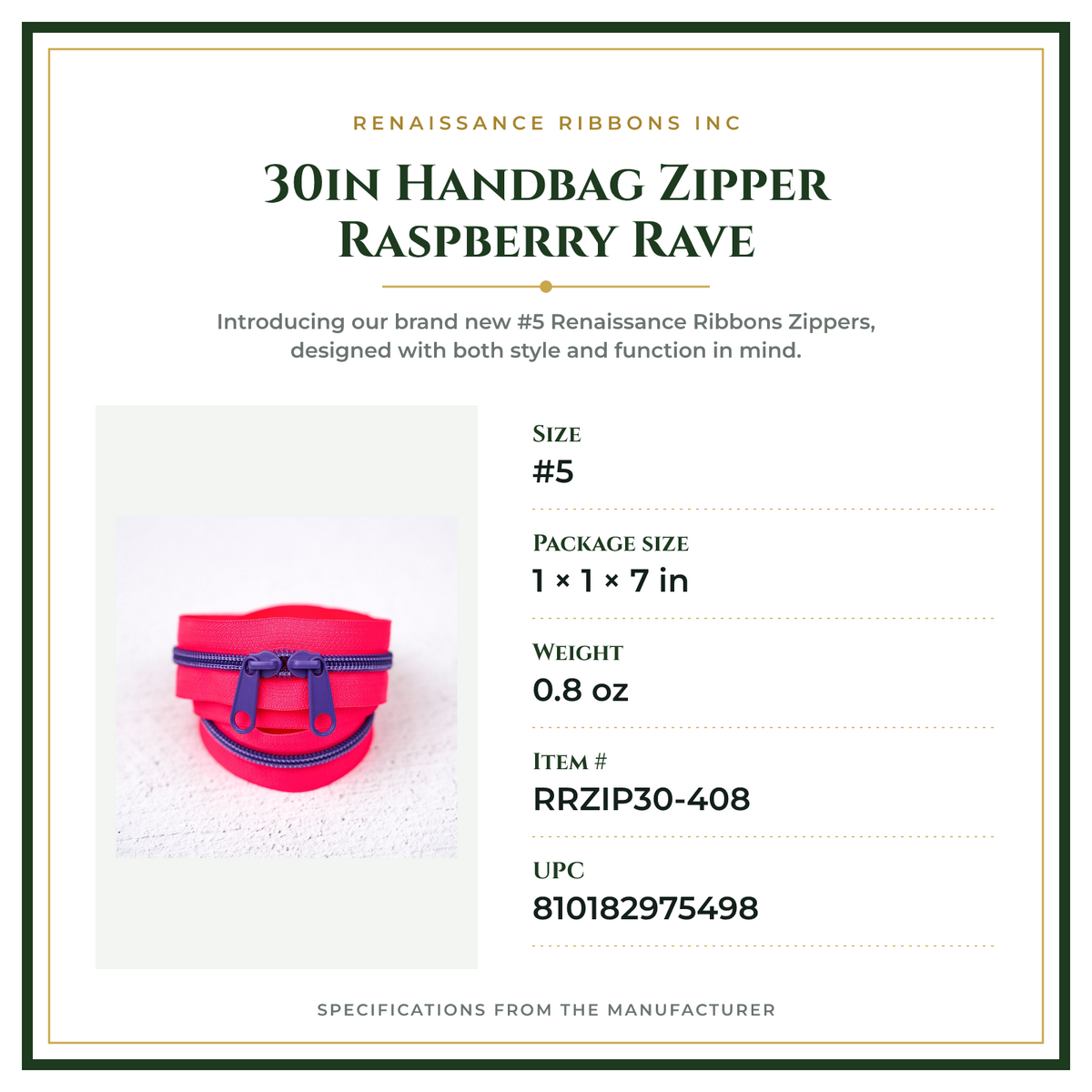 Product Specifications – 30in Handbag Zipper Raspberry Rave