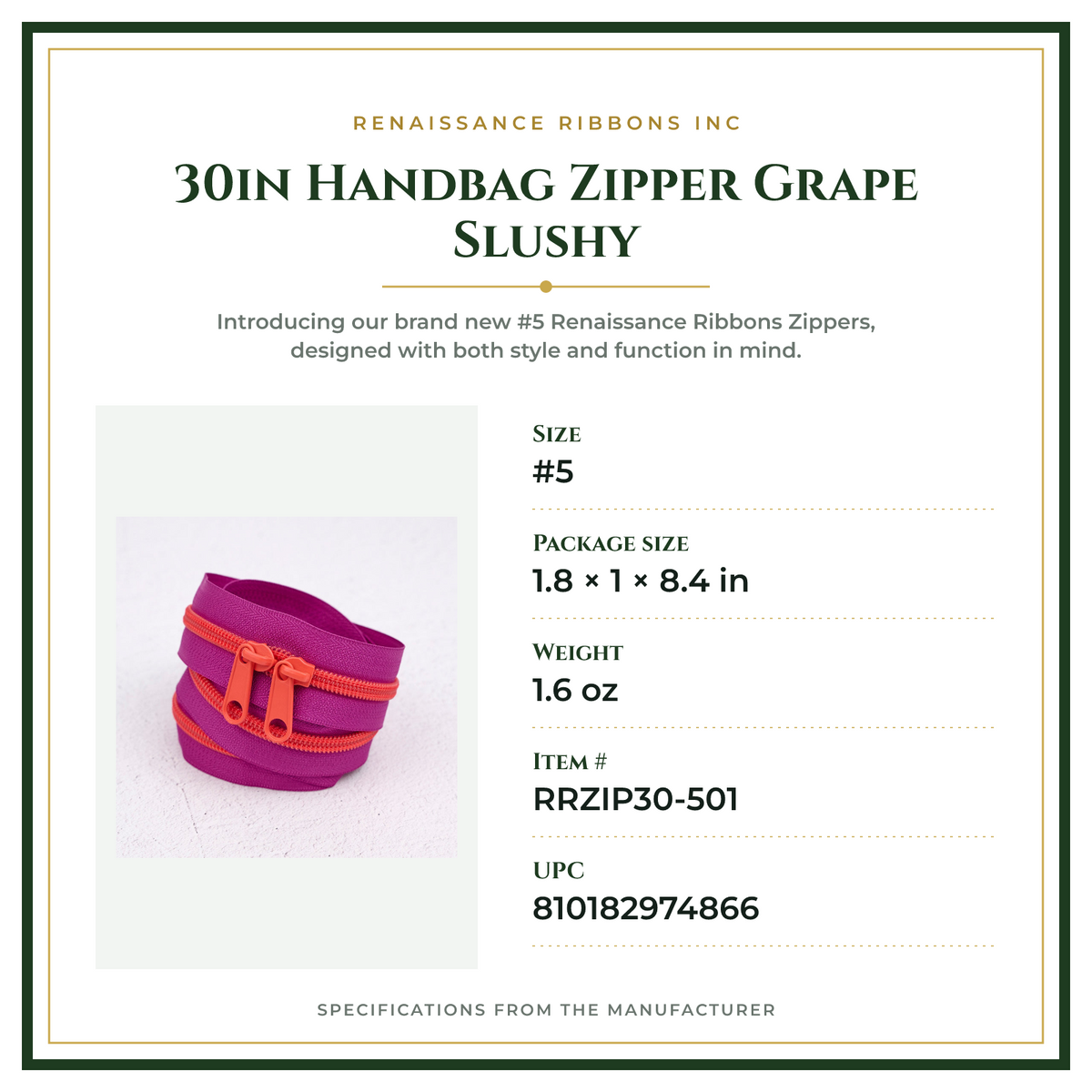 Product Specifications – 30in Handbag Zipper Grape Slushy