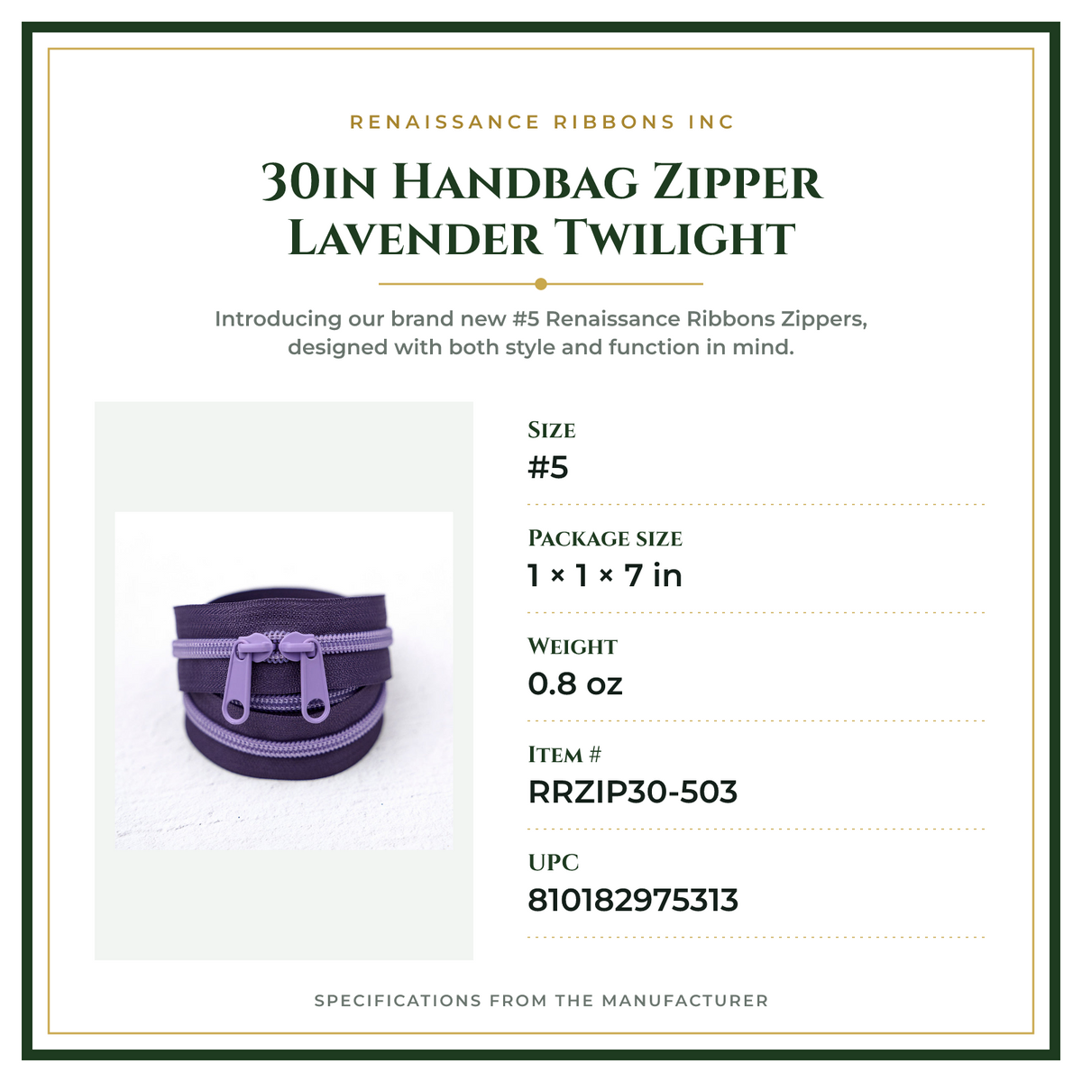 Product Specifications – 30in Handbag Zipper Lavender Twilight
