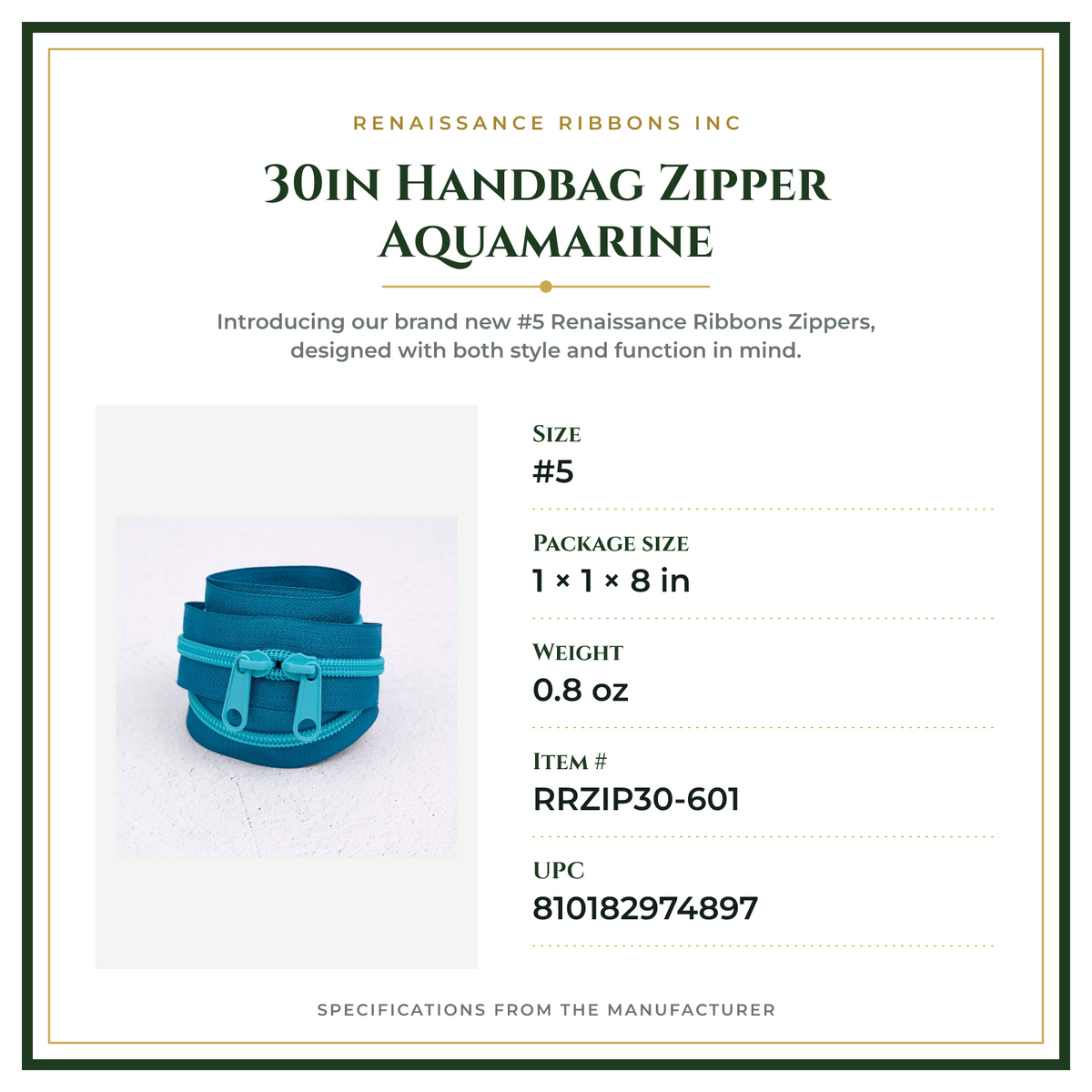 Product Specifications – 30in Handbag Zipper Aquamarine