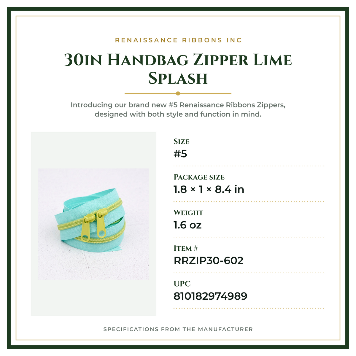 Product Specifications – 30in Handbag Zipper Lime Splash