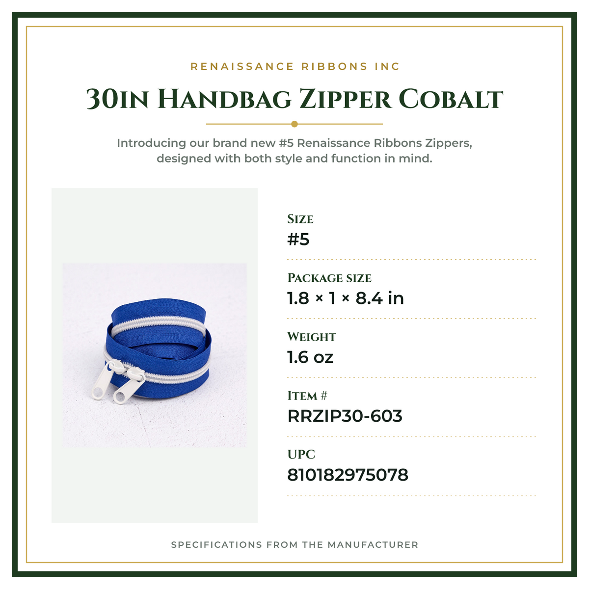 Product Specifications – 30in Handbag Zipper Cobalt