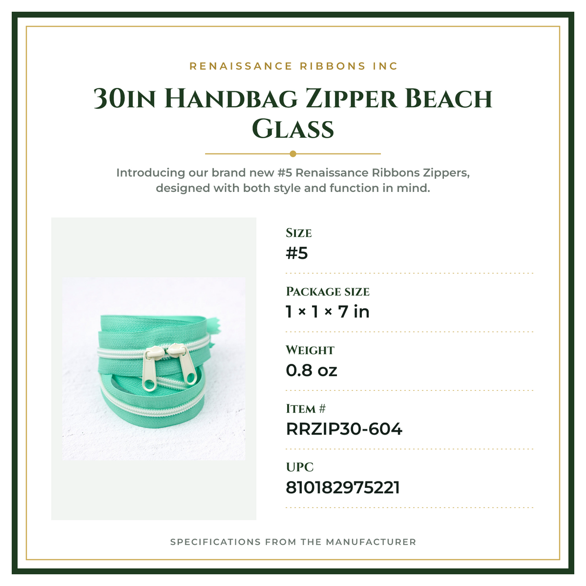 Product Specifications – 30in Handbag Zipper Beach Glass