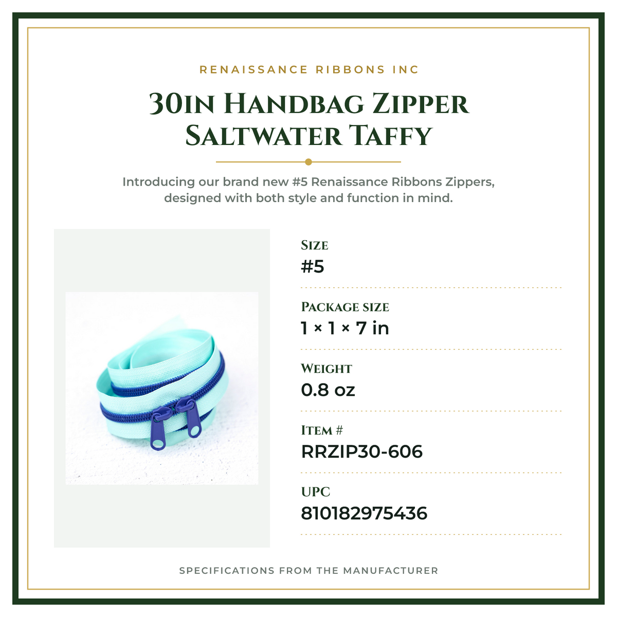 Product Specifications – 30in Handbag Zipper Saltwater Taffy