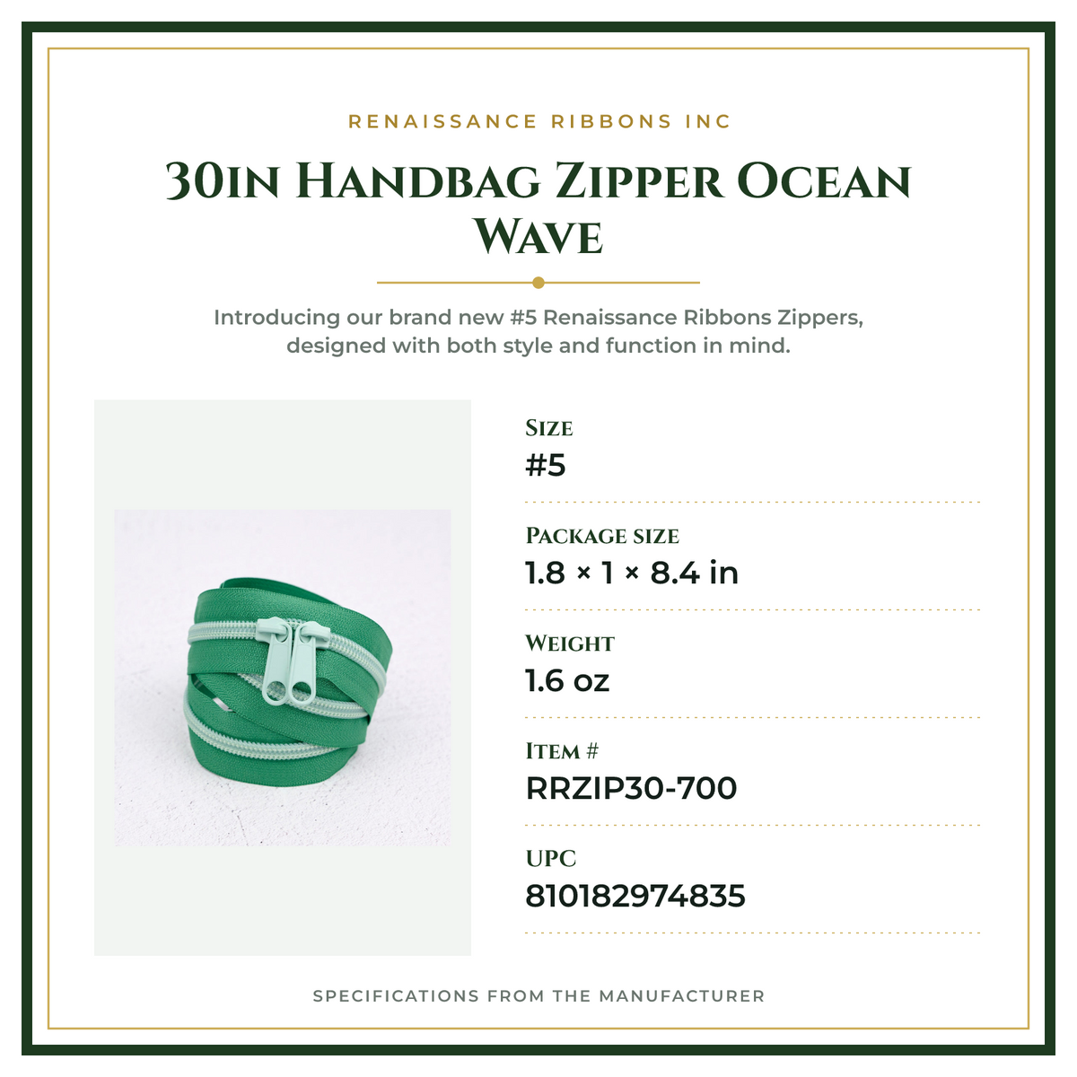 Product Specifications – 30in Handbag Zipper Ocean Wave