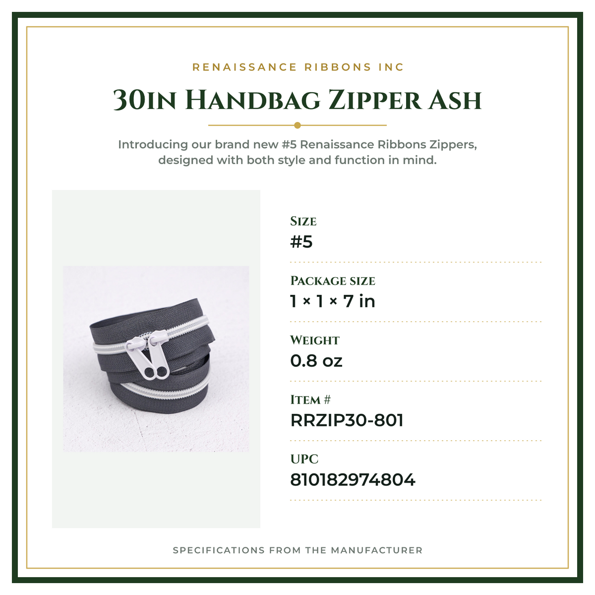 Product Specifications – 30in Handbag Zipper Ash