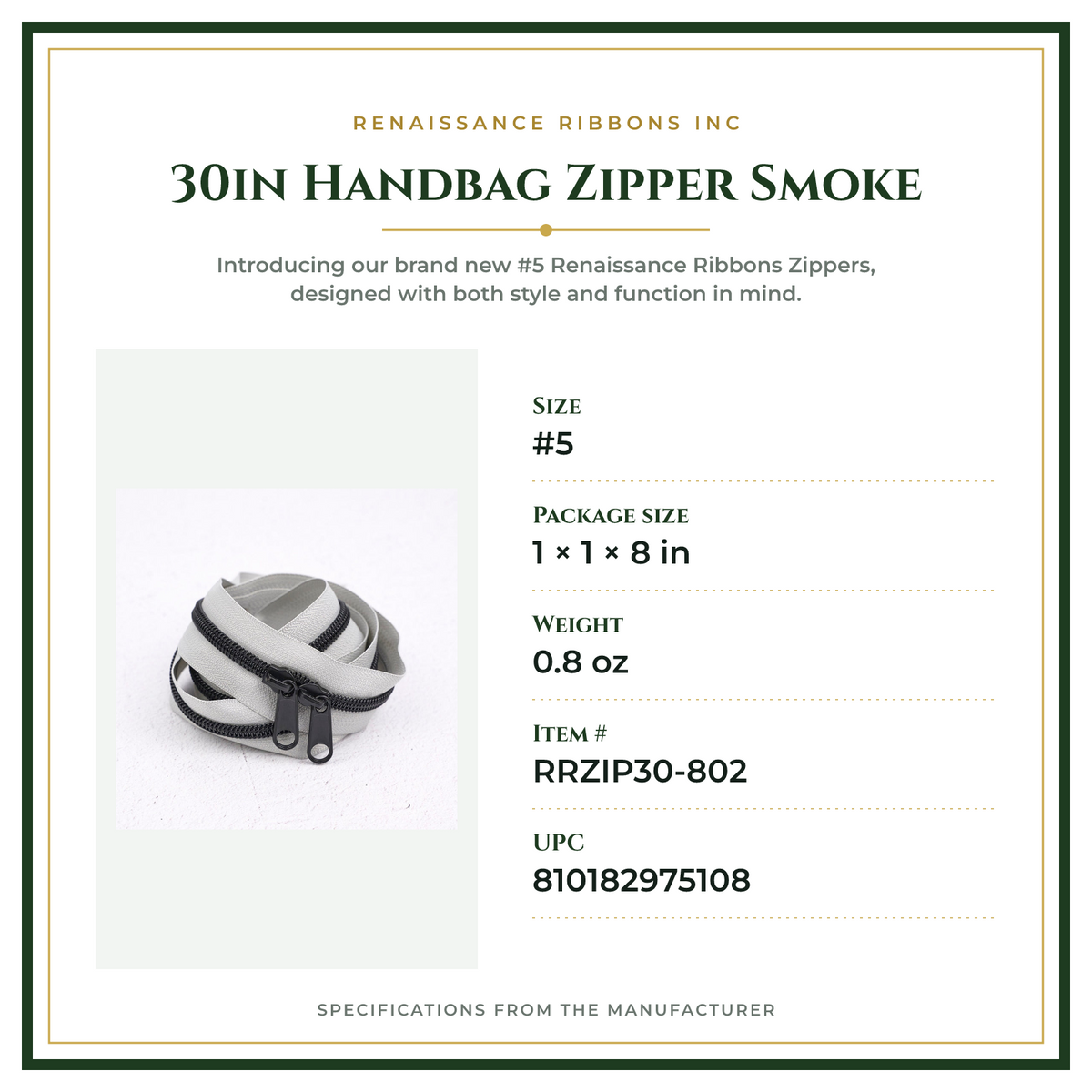Product Specifications – 30in Handbag Zipper Smoke