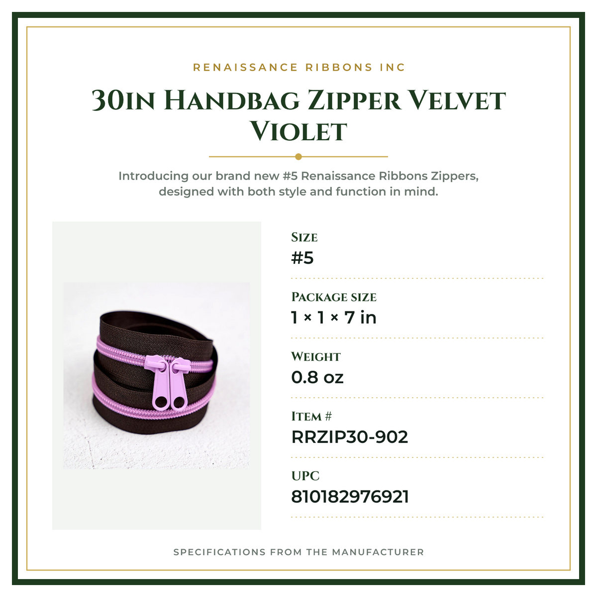 Product Specifications – 30in Handbag Zipper Velvet Violet
