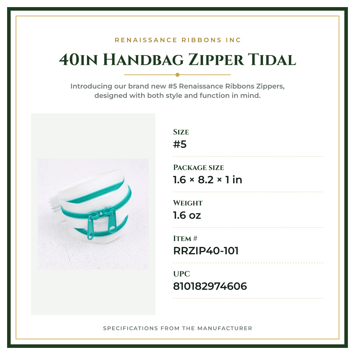 Product Specifications – 40in Handbag Zipper Tidal
