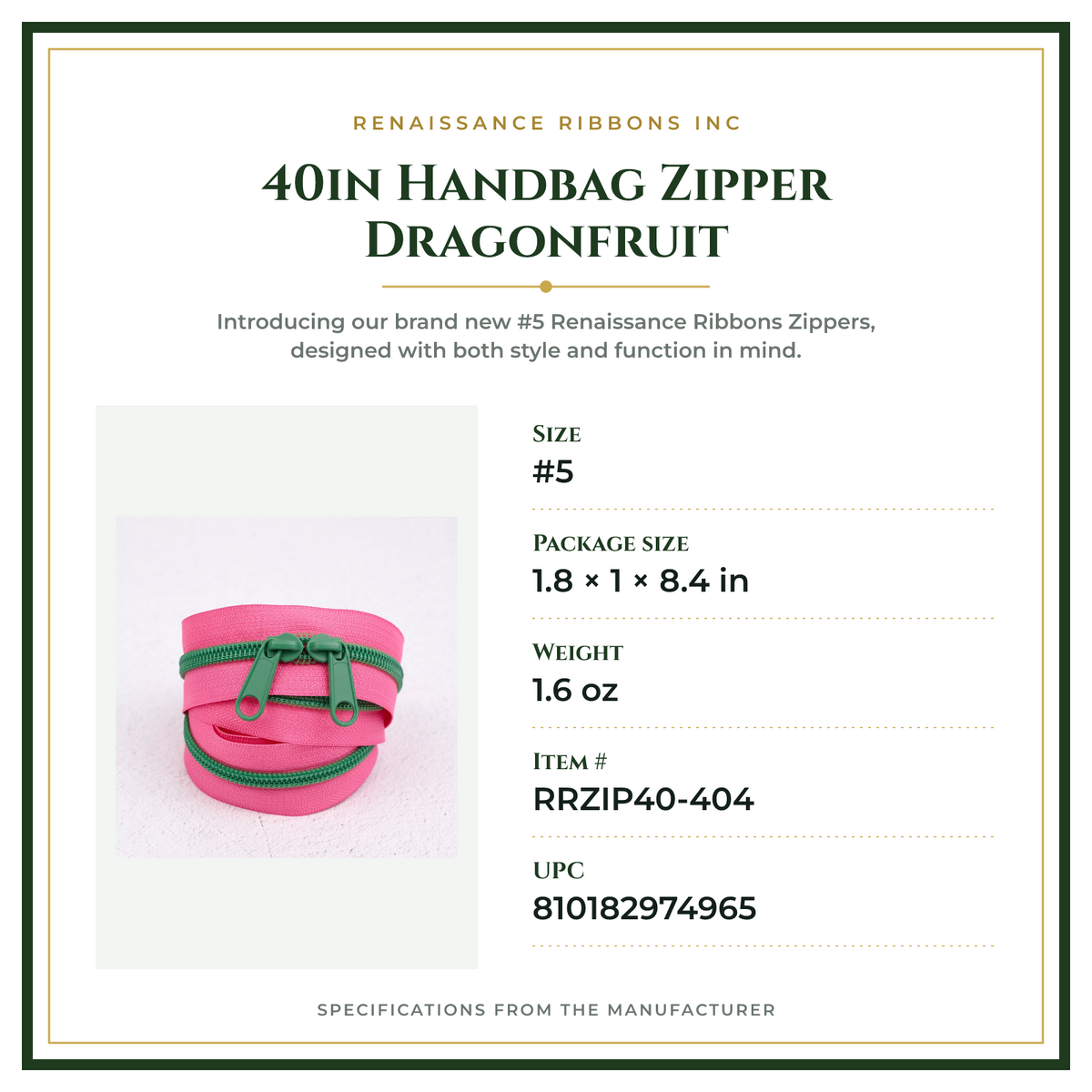 Product Specifications – 40in Handbag Zipper Dragonfruit