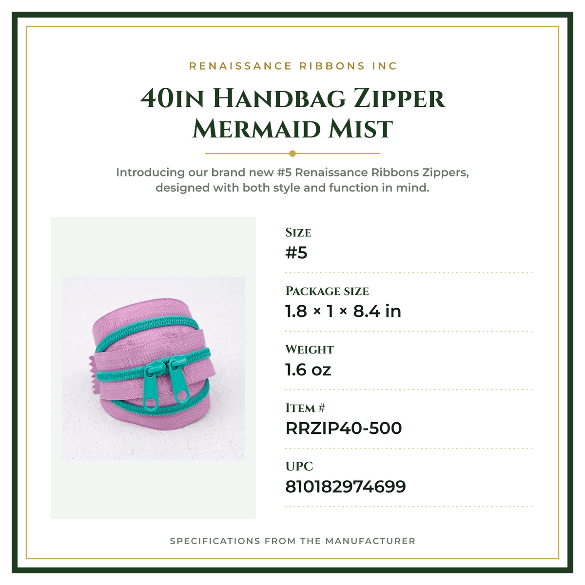 Product Specifications – 40in Handbag Zipper Mermaid Mist
