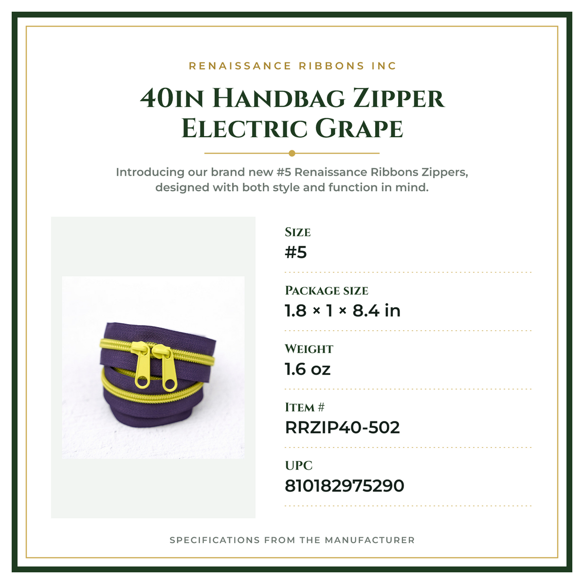 Product Specifications – 40in Handbag Zipper Electric Grape