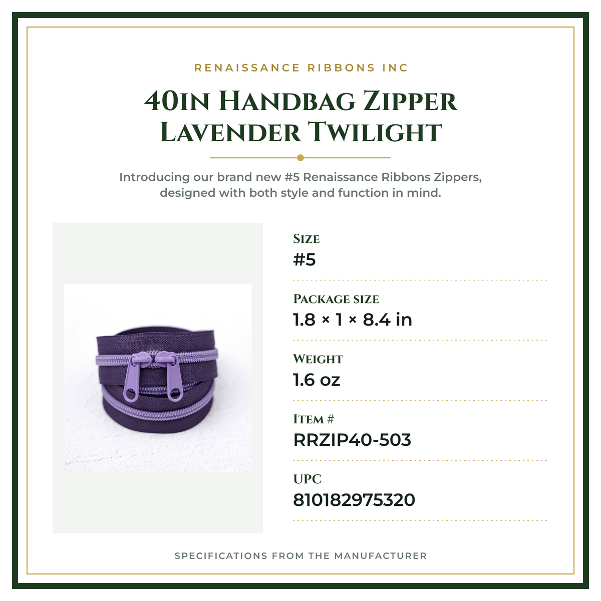 Product Specifications – 40in Handbag Zipper Lavender Twilight
