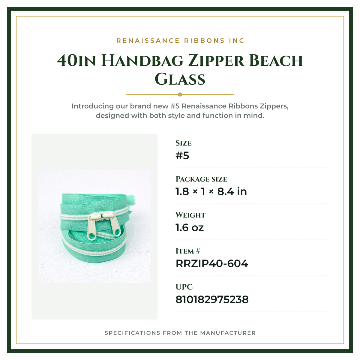 Product Specifications – 40in Handbag Zipper Beach Glass