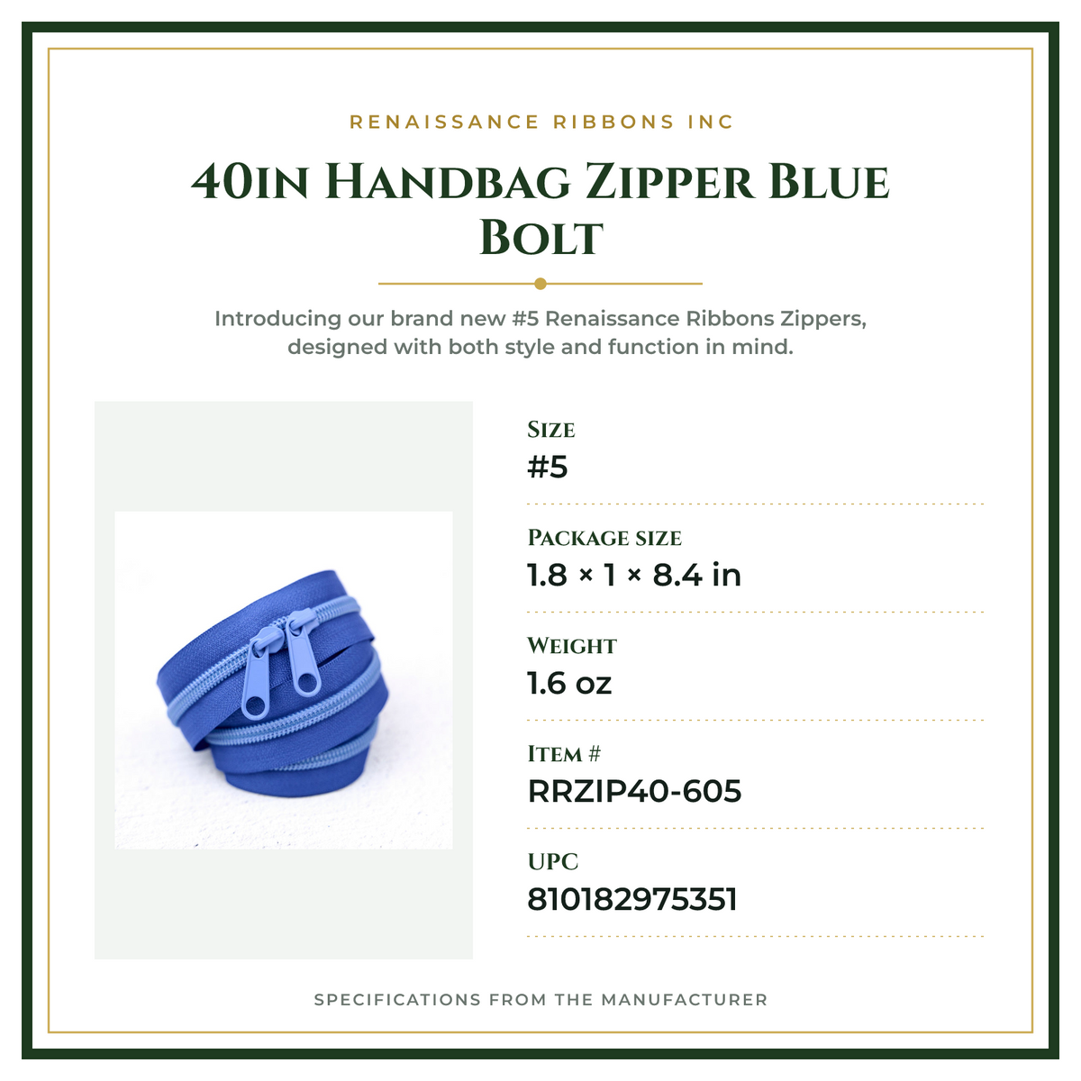 Product Specifications – 40in Handbag Zipper Blue Bolt