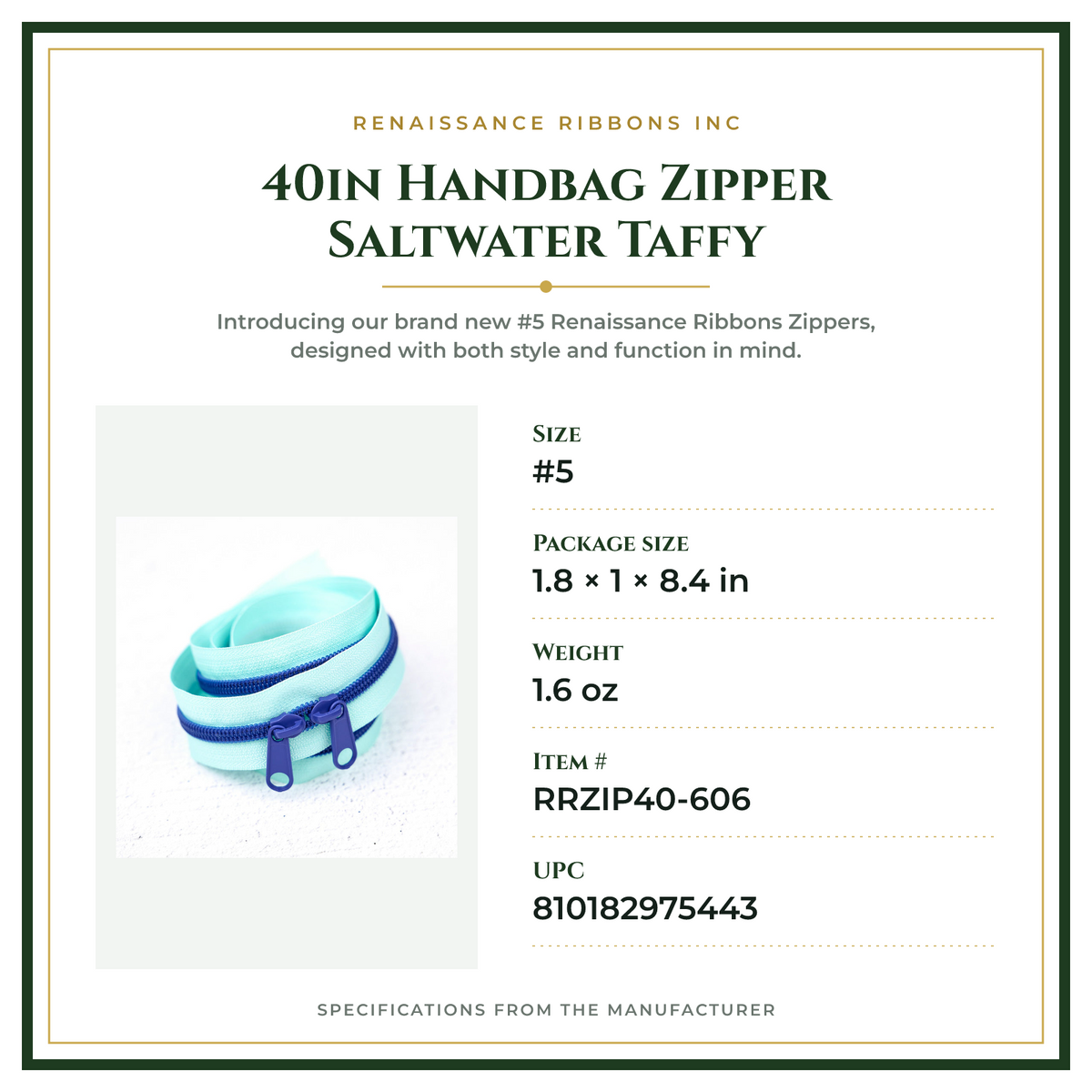 Product Specifications – 40in Handbag Zipper Saltwater Taffy