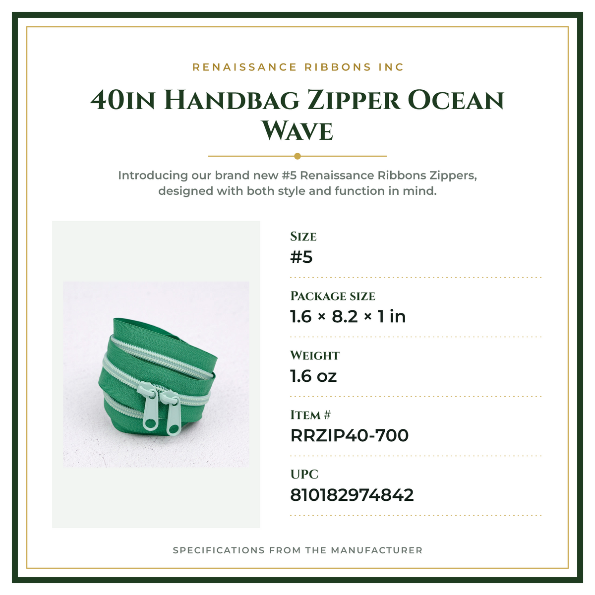 Product Specifications – 40in Handbag Zipper Ocean Wave