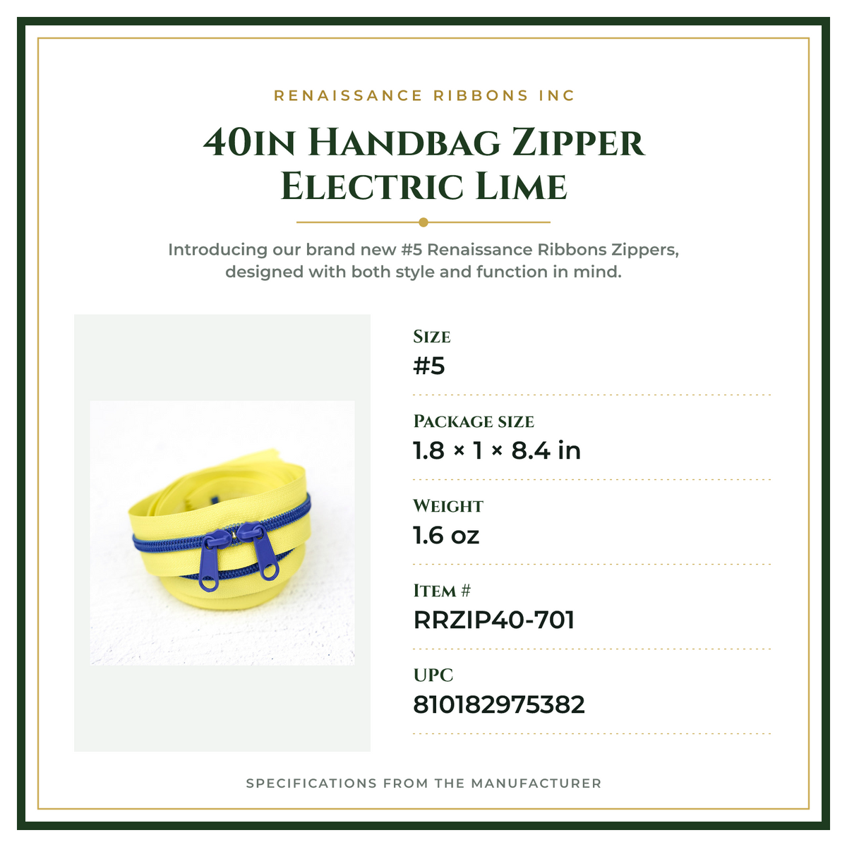 Product Specifications – 40in Handbag Zipper Electric Lime