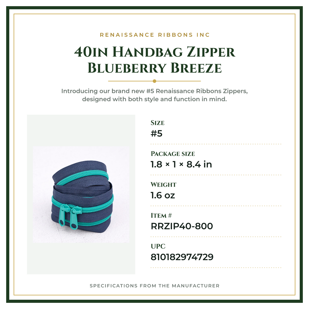 Product Specifications – 40in Handbag Zipper Blueberry Breeze