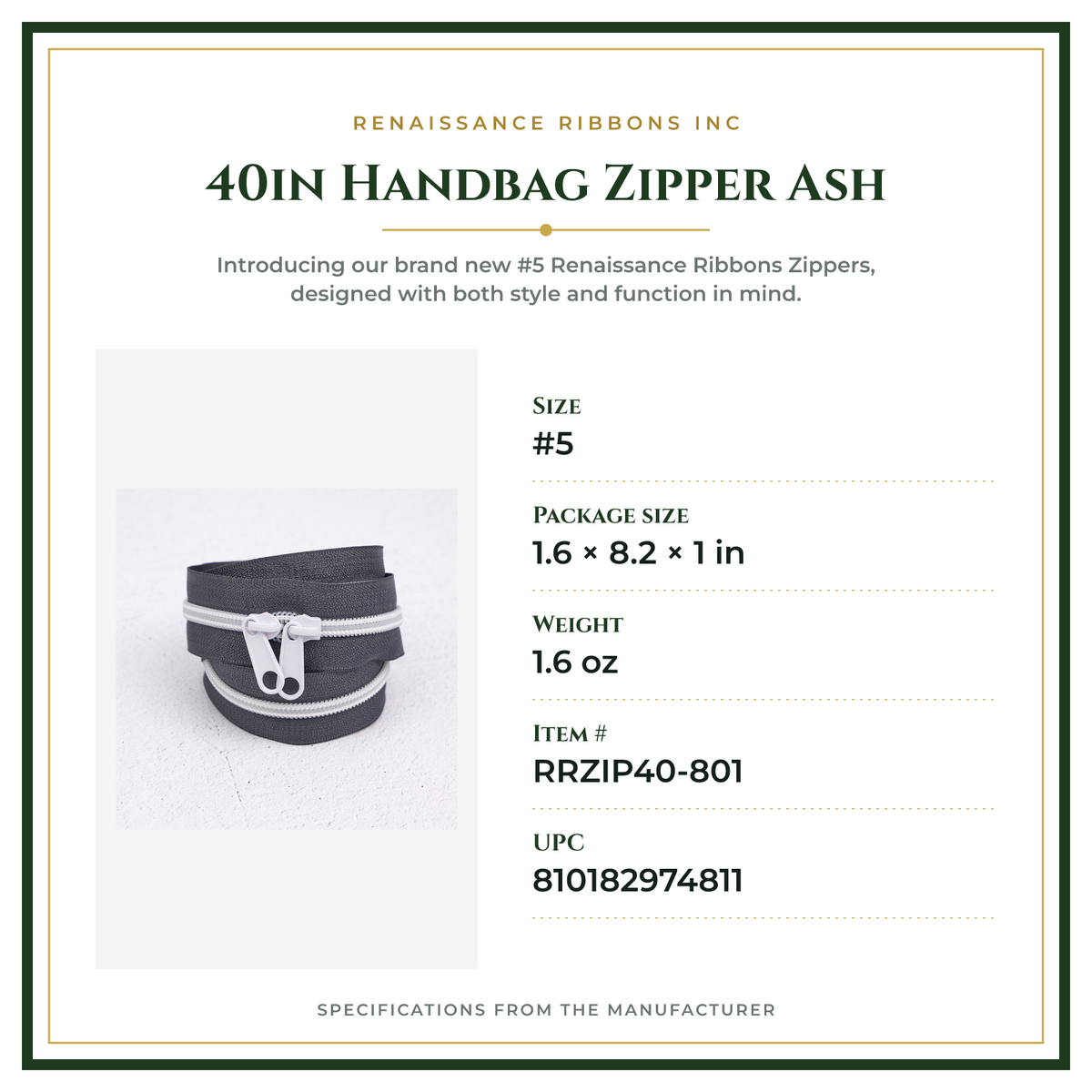 Product Specifications – 40in Handbag Zipper Ash