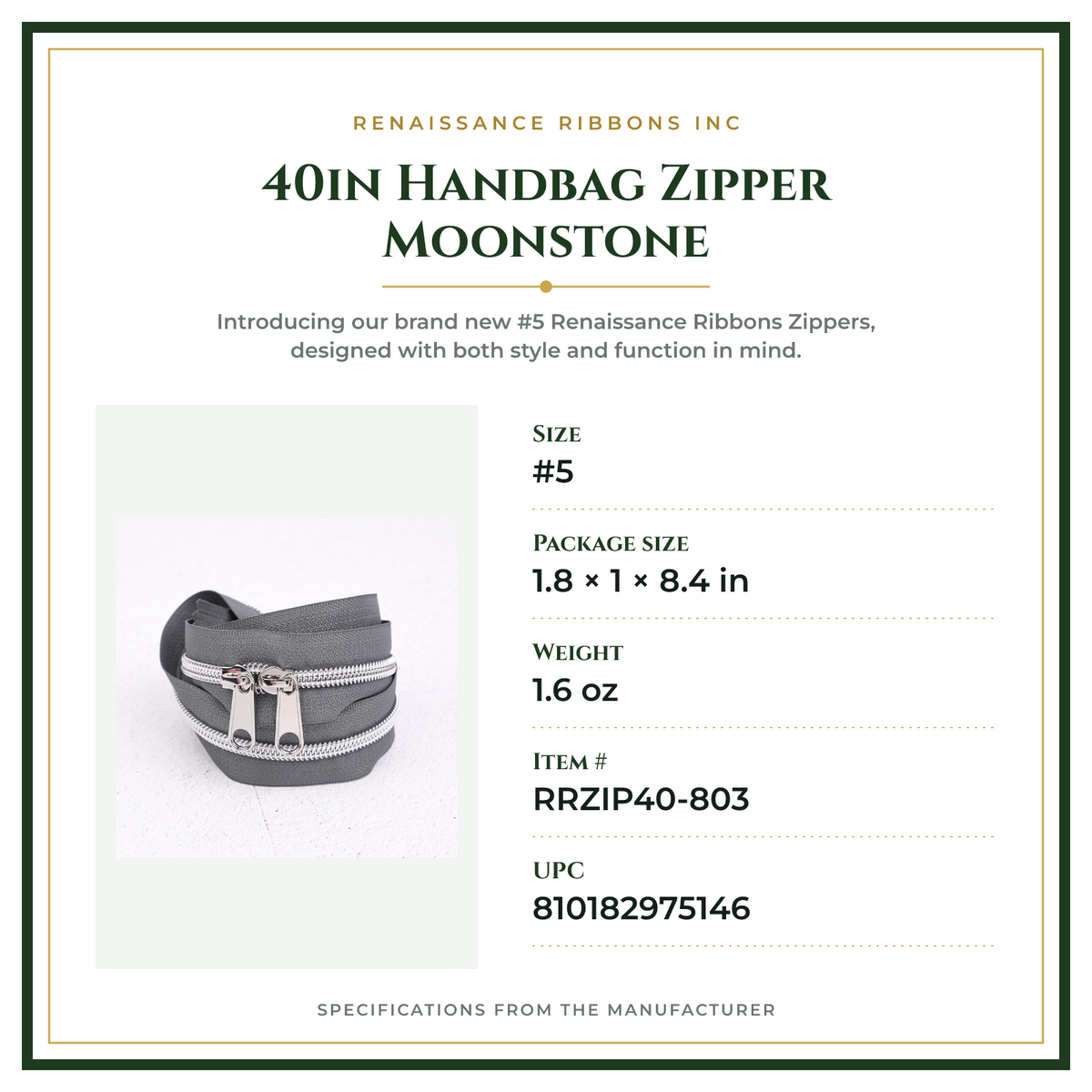 Product Specifications – 40in Handbag Zipper Moonstone