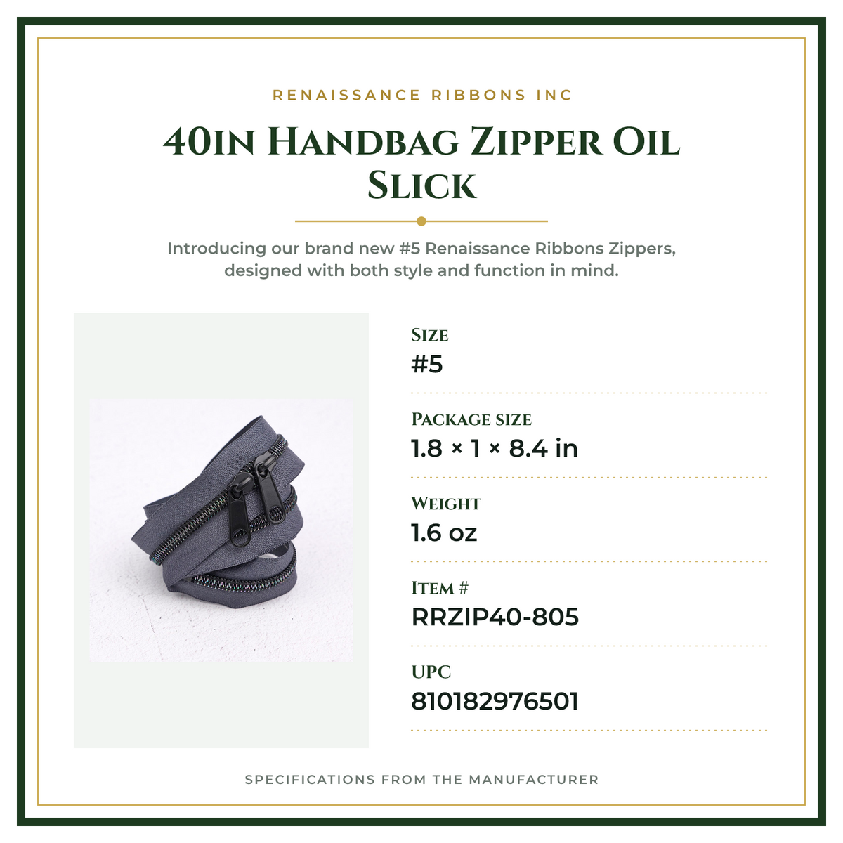 Product Specifications – 40in Handbag Zipper Oil Slick