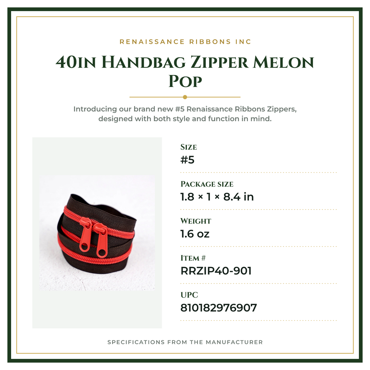 Product Specifications – 40in Handbag Zipper Melon Pop
