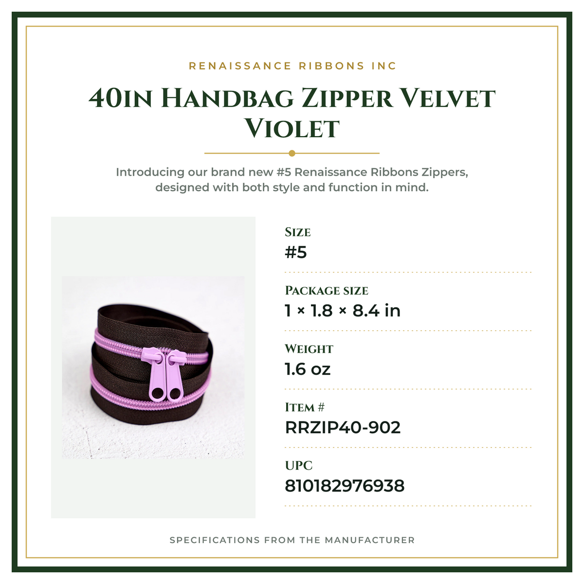 Product Specifications – 40in Handbag Zipper Velvet Violet