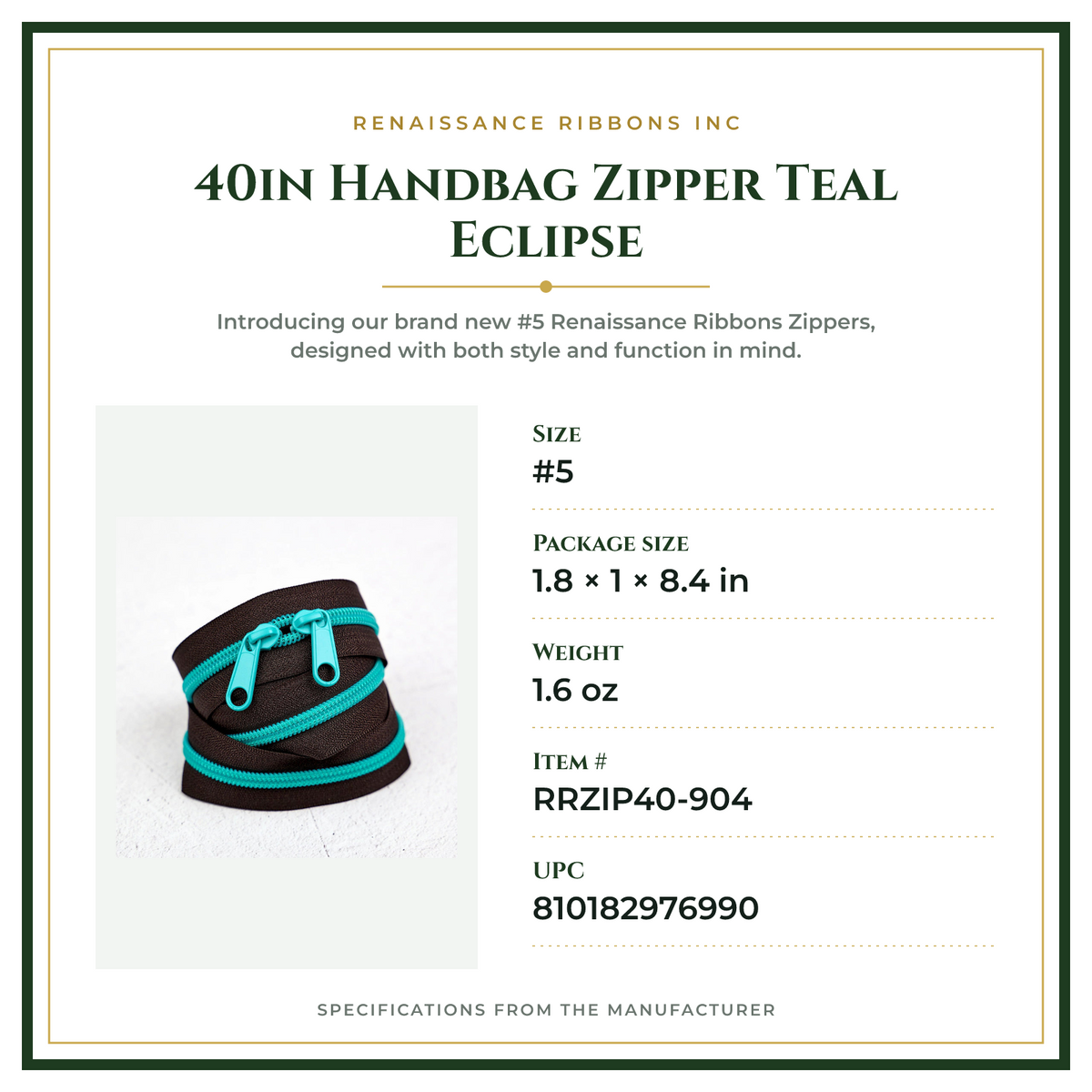 Product Specifications – 40in Handbag Zipper Teal Eclipse