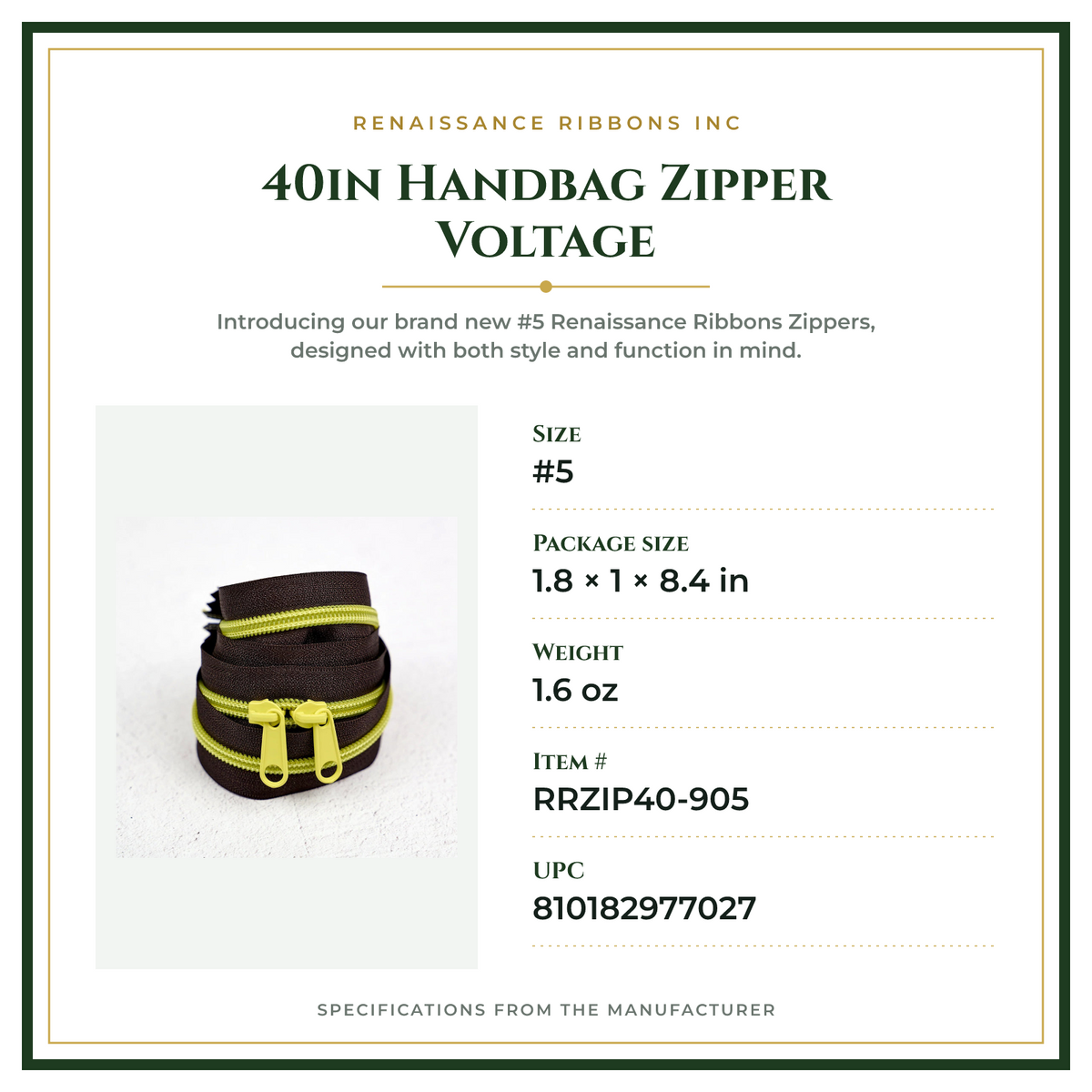 Product Specifications – 40in Handbag Zipper Voltage
