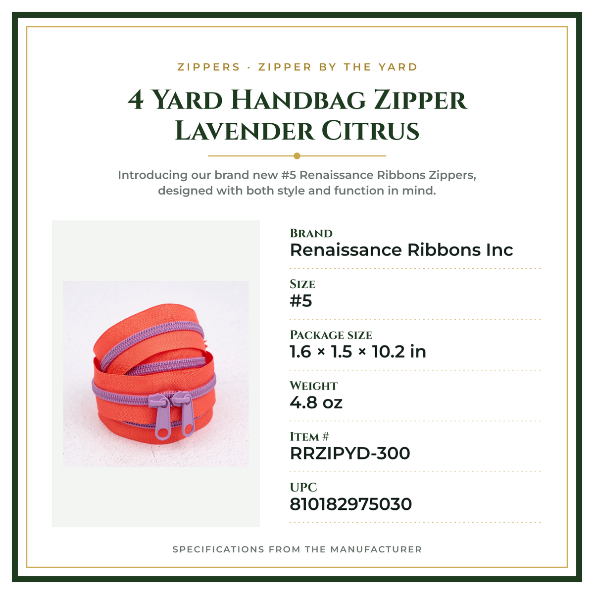 Product Specifications – 4 Yard Handbag Zipper Lavender Citrus