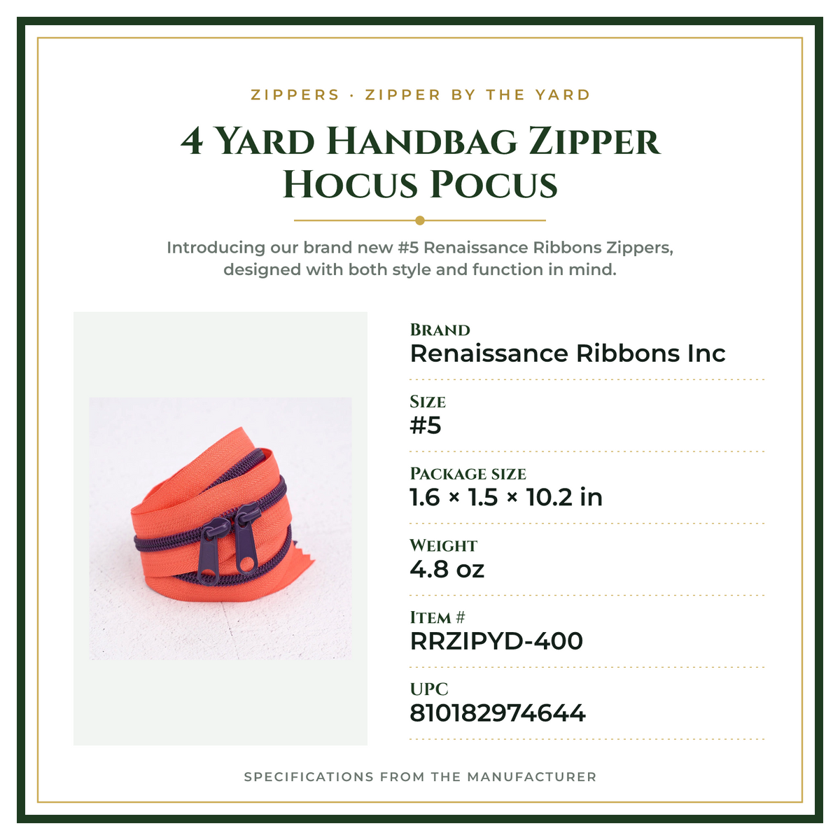 Product Specifications – 4 Yard Handbag Zipper Hocus Pocus