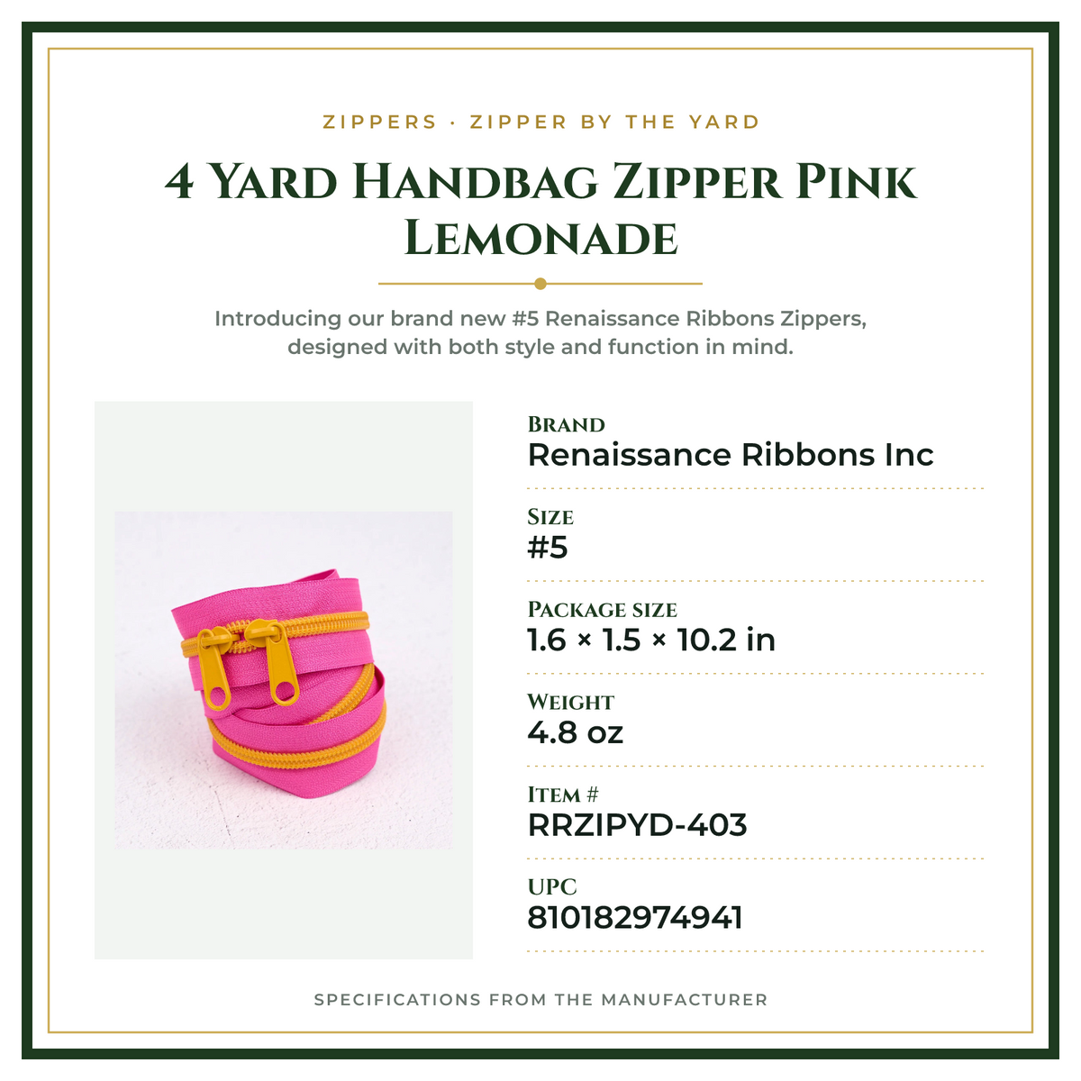 Product Specifications – 4 Yard Handbag Zipper Pink Lemonade