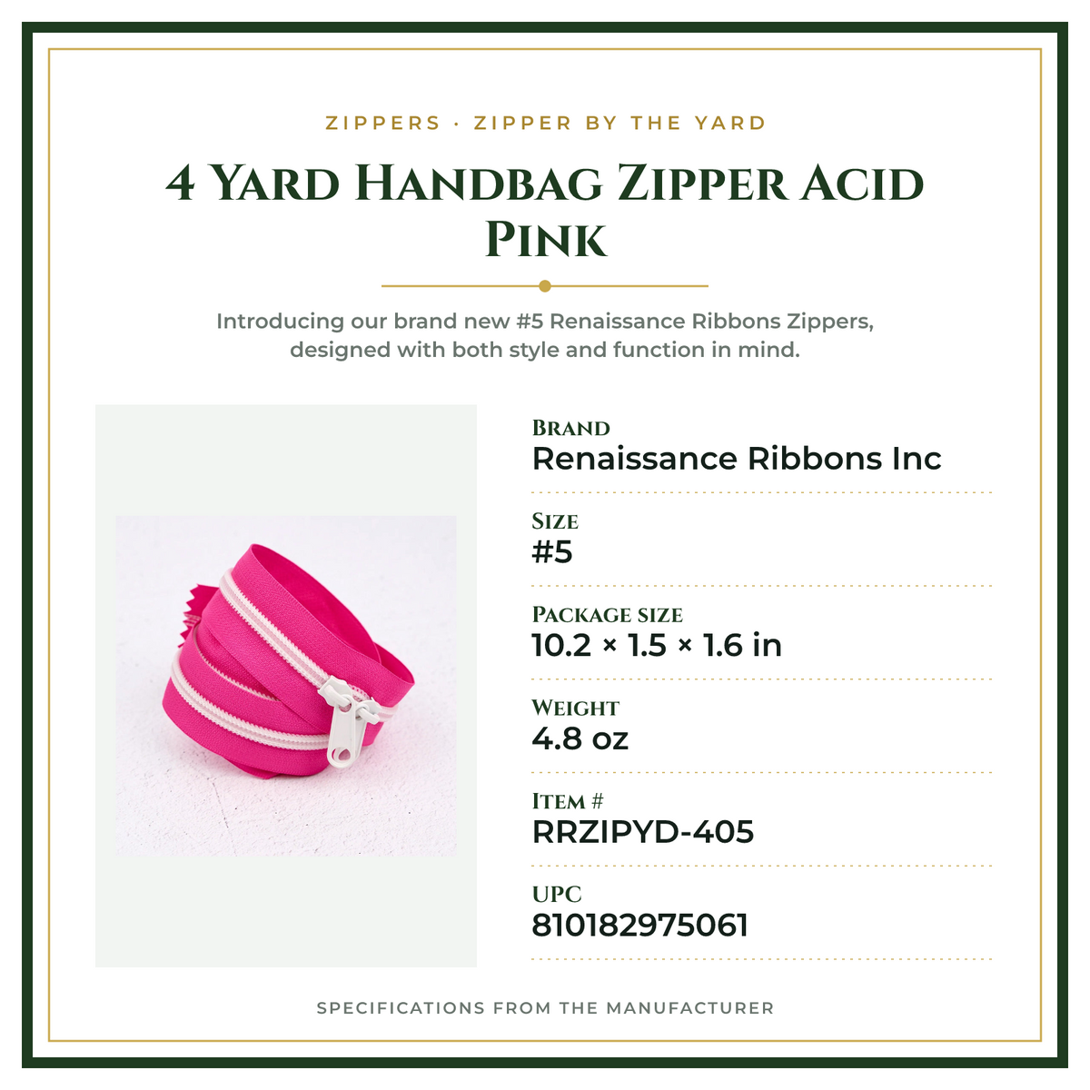 Product Specifications – 4 Yard Handbag Zipper Acid Pink