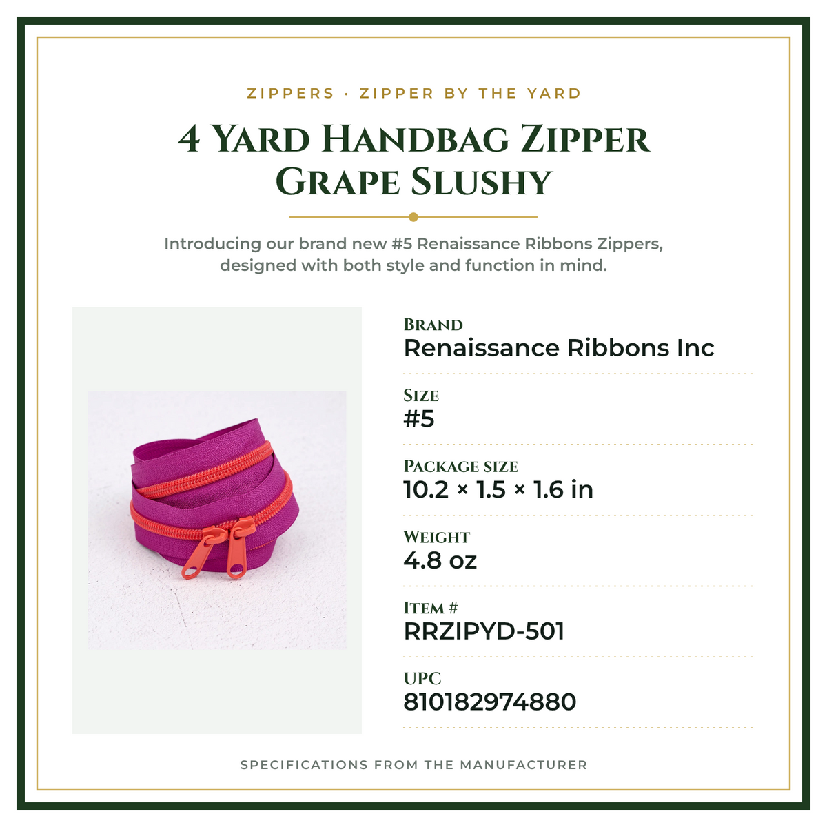 Product Specifications – 4 Yard Handbag Zipper Grape Slushy