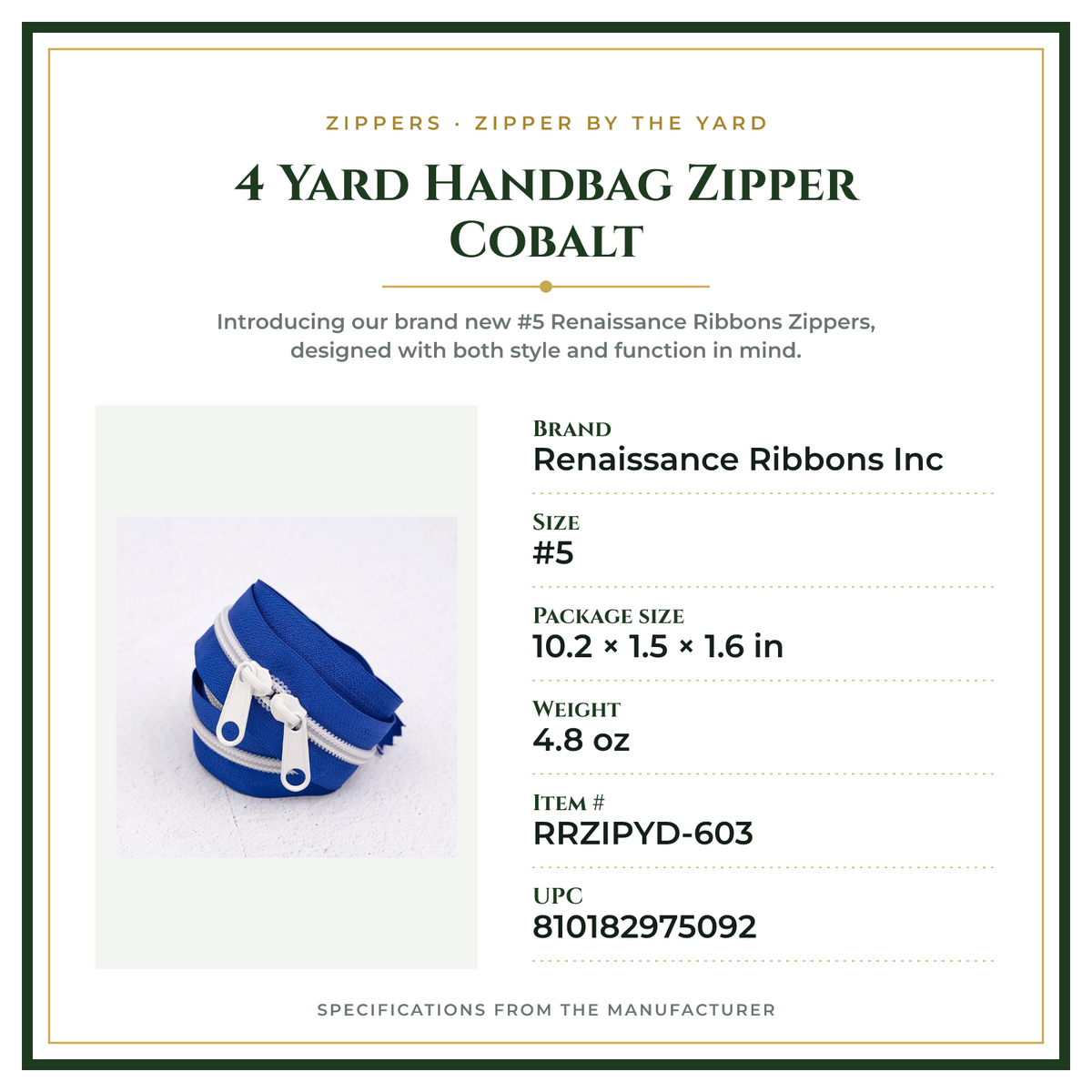 Product Specifications – 4 Yard Handbag Zipper Cobalt