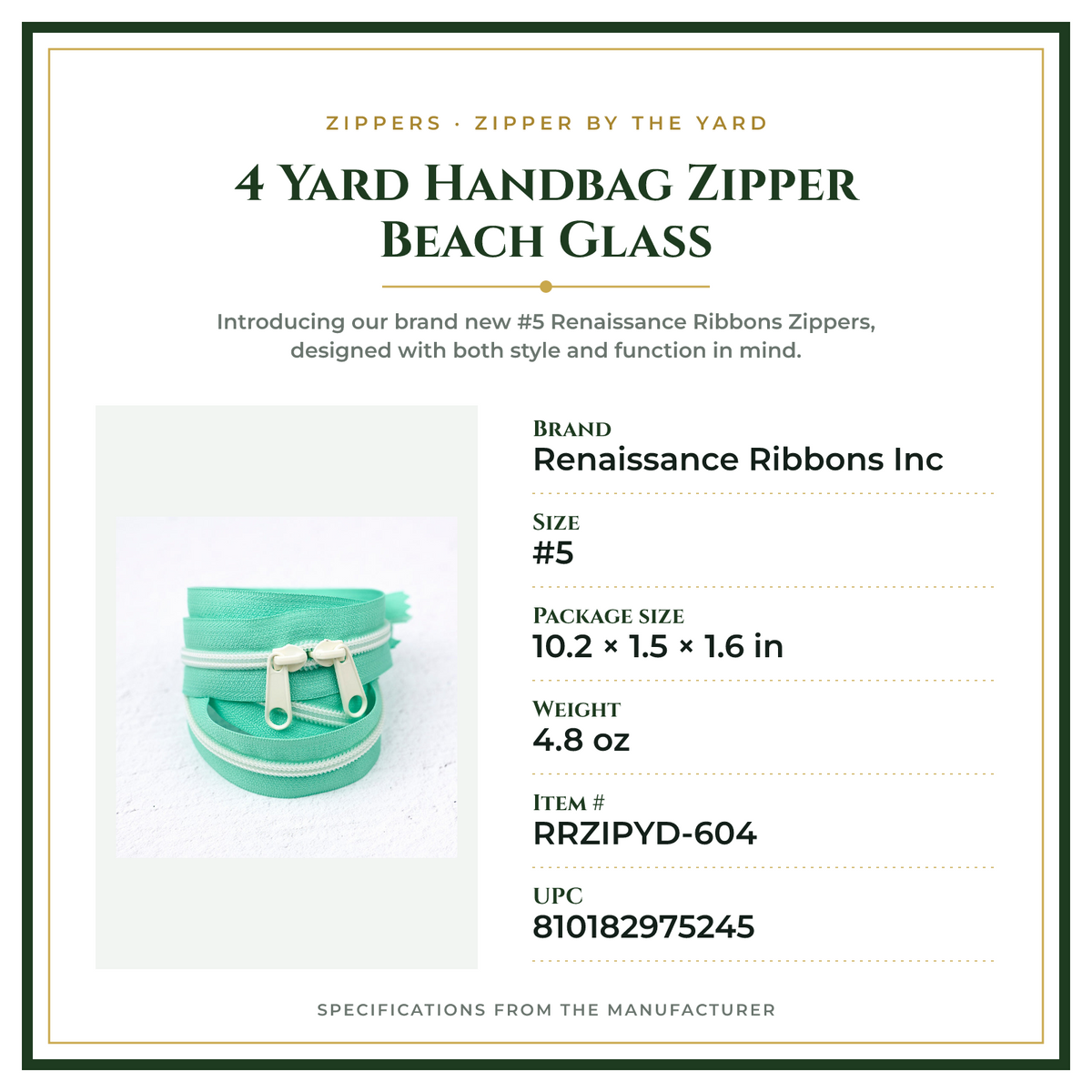 Product Specifications – 4 Yard Handbag Zipper Beach Glass
