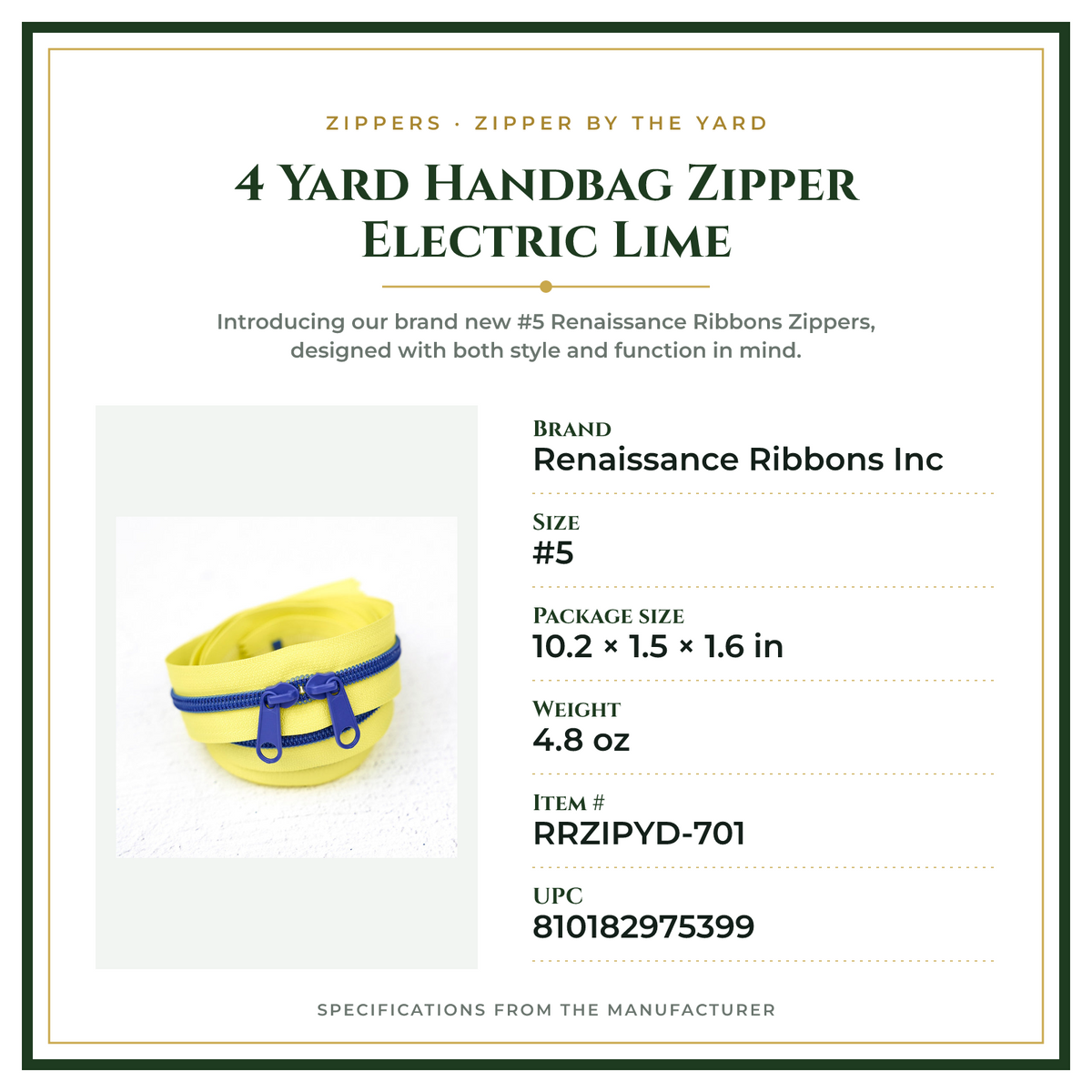 Product Specifications – 4 Yard Handbag Zipper Electric Lime