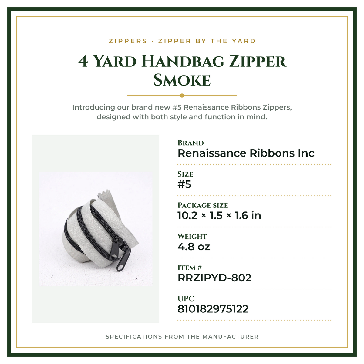 Product Specifications – 4 Yard Handbag Zipper Smoke